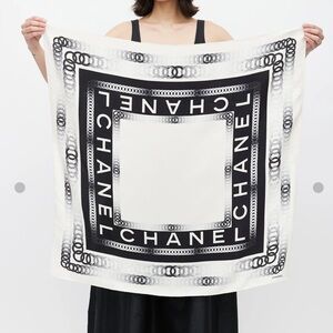 CHANEL Black and White Logo Silk Scarf